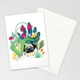Little Pug in Wildflowers Stationery Cards