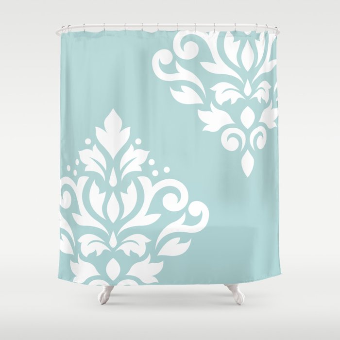 Scoll Damask Art I White On Duck Egg Blue Shower Curtain By Nataliepaskell