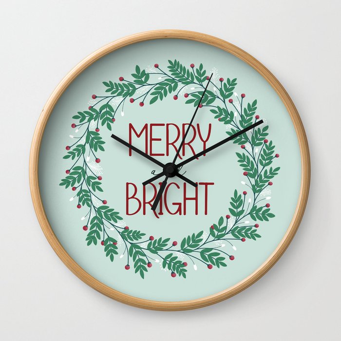 Merry and Bright Wreath Wall Clock