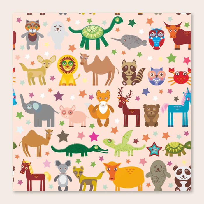 Set of funny cartoon animals character on pink seamless background. zoo. Vector Canvas Print by ...