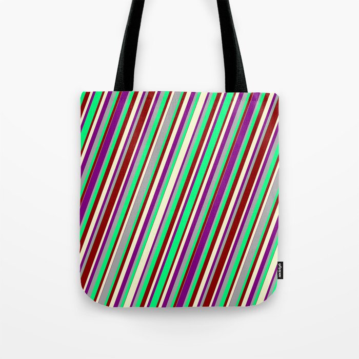 Colorful Dark Gray, Green, Dark Red, Light Yellow, and Purple Colored Lined/Striped Pattern Tote Bag