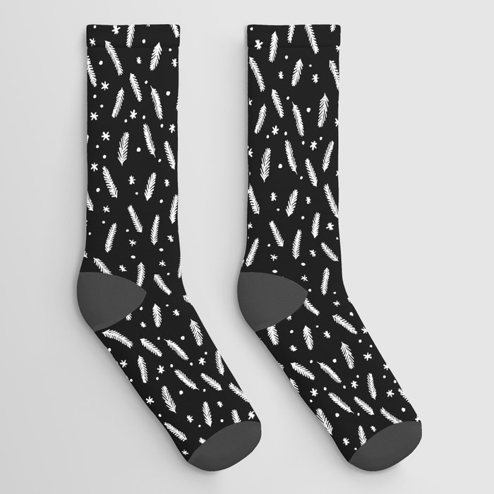 Christmas branches and stars - black and white Socks