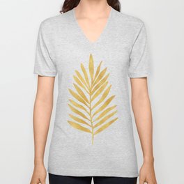 Metallic Gold Tropical Leaf Drawing V Neck T Shirt