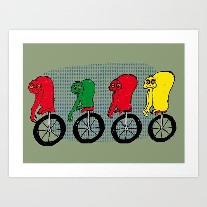 Monkeys on unicycle Art Print