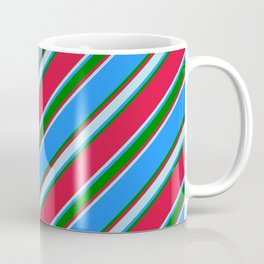 [ Thumbnail: Crimson, Powder Blue, Blue & Green Colored Pattern of Stripes Coffee Mug ]