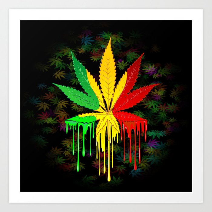 Marijuana Leaf Rasta Colors Dripping Paint Art Print