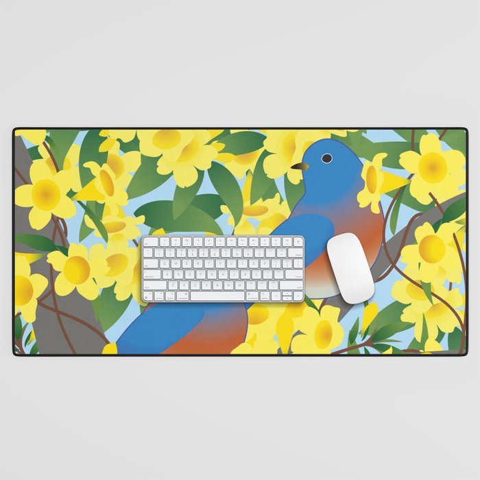 Bluebirds and Yellow Spring Flowers Desk Mat