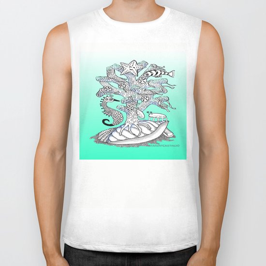 Zentangle Seahorse, Coral, Starfish Undersea Illustration Biker Tank
