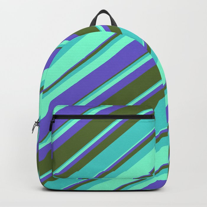 Aquamarine, Slate Blue, Dark Olive Green, and Turquoise Colored Lines Pattern Backpack