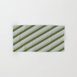[ Thumbnail: Dark Olive Green & Grey Colored Striped/Lined Pattern Hand & Bath Towel ]