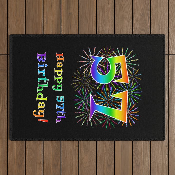 57th Birthday - Fun Rainbow Spectrum Gradient Pattern Text, Bursting Fireworks Inspired Background Outdoor Rug