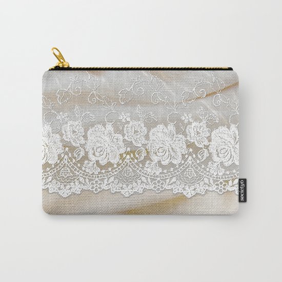 Bride lace - Luxury white floral elegant lace on cream silk fabric on #Society6 Carry-All Pouch