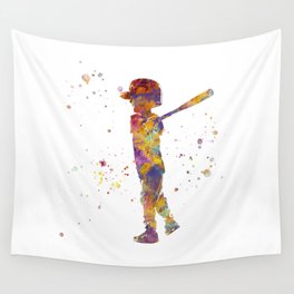 Watercolor Child Baseball Player Wall Tapestry