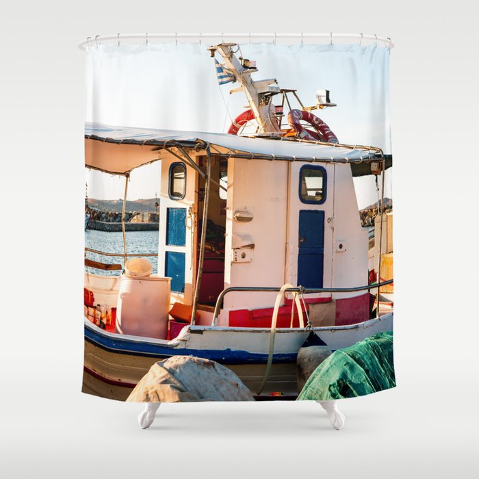 Greek Fishers Boat | Colorful Travel Photography in Greece, Europe   Shower Curtain