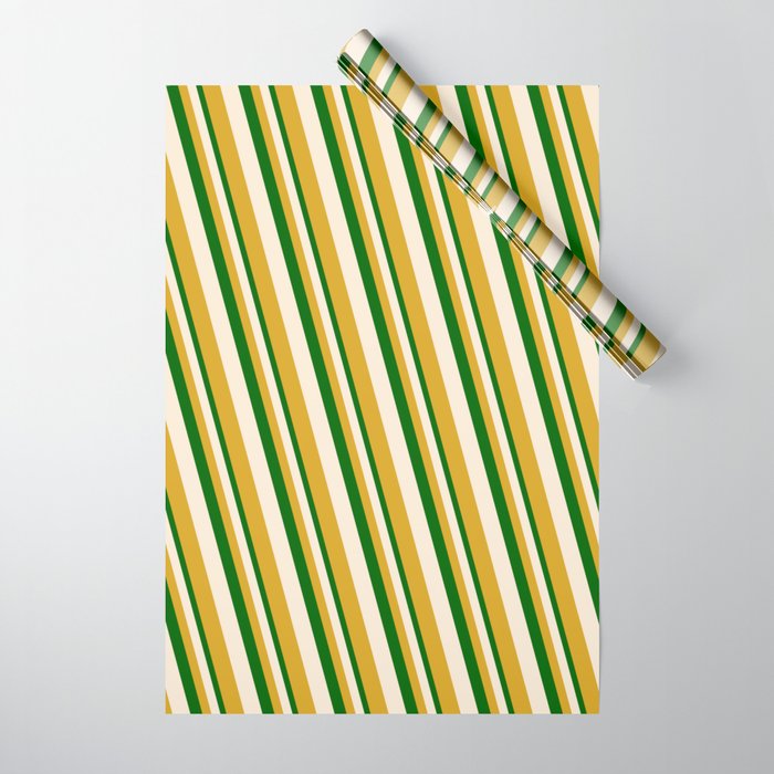 Dark Green, Beige, and Goldenrod Colored Stripes/Lines Pattern Wrapping Paper