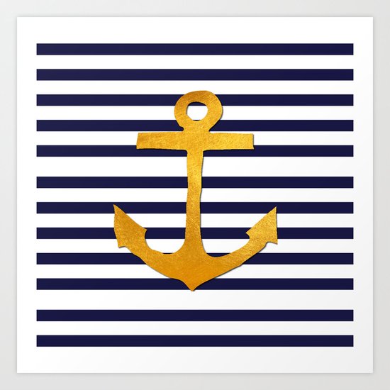 Marine pattern- blue white striped with golden anchor Art Print