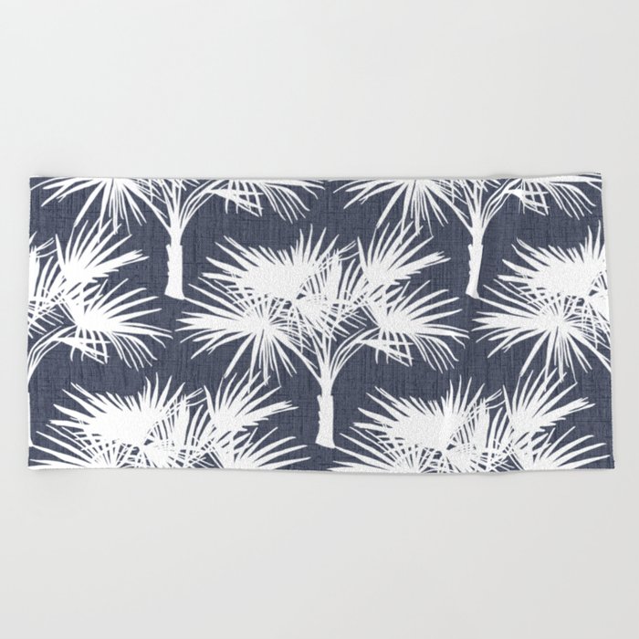 70’s Tropical Palm Trees White on Navy Beach Towel