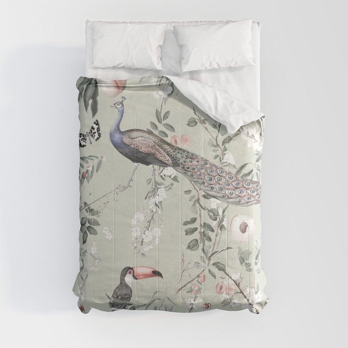 Oriental Peacock Toucan Floral Pattern Comforter