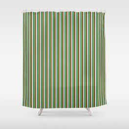 [ Thumbnail: Eye-catching Turquoise, Maroon, Green, Teal, and Tan Colored Lines/Stripes Pattern Shower Curtain ]