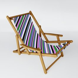 [ Thumbnail: Violet, Forest Green, Slate Blue, White & Black Colored Pattern of Stripes Sling Chair ]