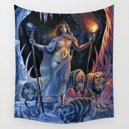 Two of Wands - Woman & Wolves Wall Tapestry | Fire, Acrylic, Aries, Tarot, Woman, Night, Red, Twoofwands, Cave, Stars 