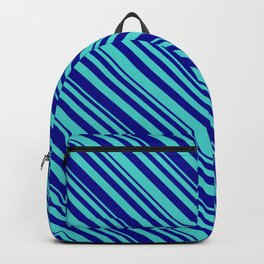 [ Thumbnail: Dark Blue & Turquoise Colored Striped/Lined Pattern Backpack ]
