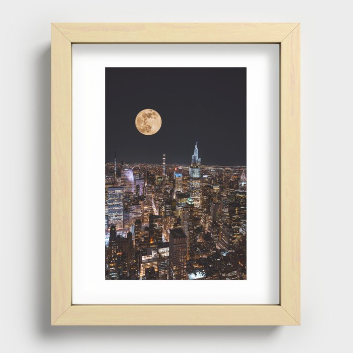 New York City Full Moon | NYC Skyline at Night | Photography and Collage Recessed Framed Print