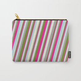[ Thumbnail: Beige, Dark Gray, Green, Deep Pink, and Powder Blue Colored Stripes Pattern Carry-All Pouch ]