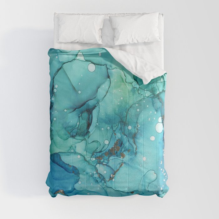 Teal Chrome Flowing Abstract Ink Comforter