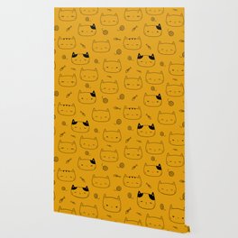 Mustard and Black Doodle Kitten Faces Pattern Wallpaper