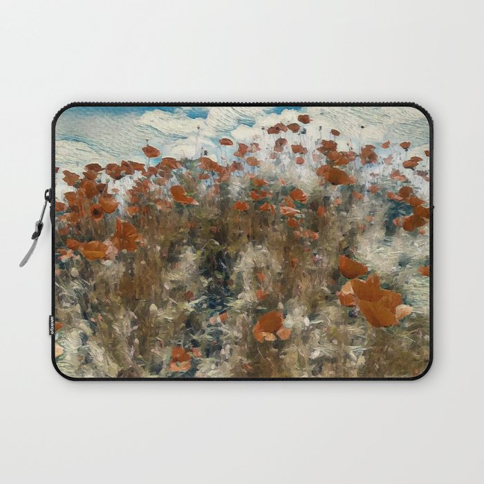 VIntage blooming red poppy field summer landscape digital painting Laptop Sleeve