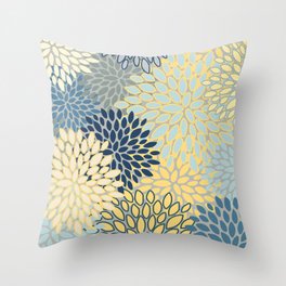 Floral Print, Yellow, Gray, Blue, Teal Throw Pillow
