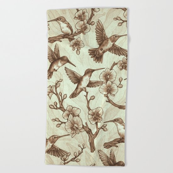 Sepia Hummingbird Pattern Beach Towel