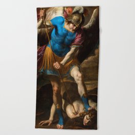 Archangel Michael fights against the Fallen Angel, 1650 by Andrea Vaccaro Beach Towel