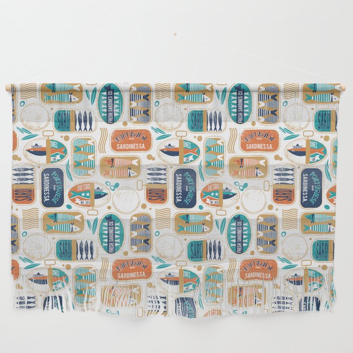 Vintage canned sardines // white background peacock teal and gold drop orange cans  Wall Hanging