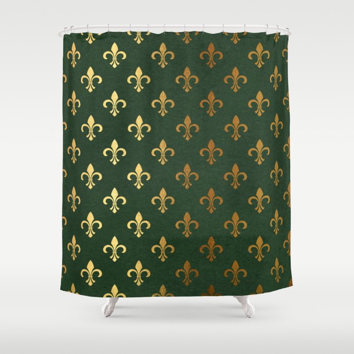 Green And Metallic Gold Fleur De Lis Shower Curtain By Mccallaco