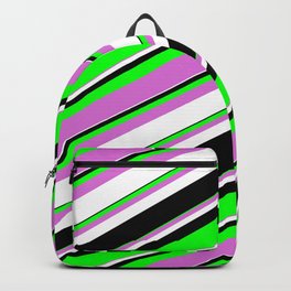 [ Thumbnail: Lime, Orchid, White & Black Colored Lined/Striped Pattern Backpack ]