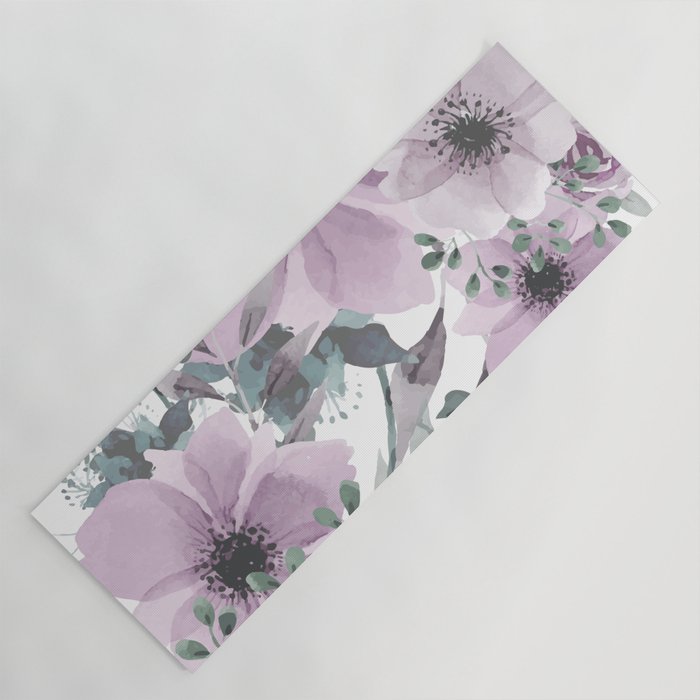 Floral Watercolor, Purple and Gray Yoga Mat