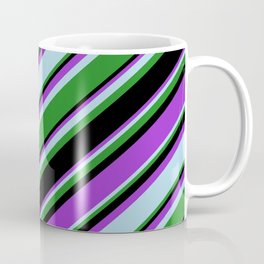 [ Thumbnail: Dark Orchid, Light Blue, Forest Green, and Black Colored Stripes/Lines Pattern Coffee Mug ]
