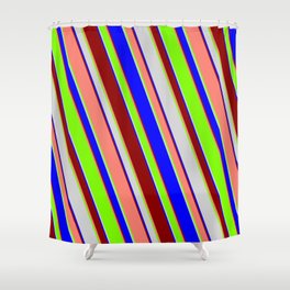 [ Thumbnail: Eyecatching Light Gray, Blue, Dark Red, Salmon & Green Colored Lines Pattern Shower Curtain ]