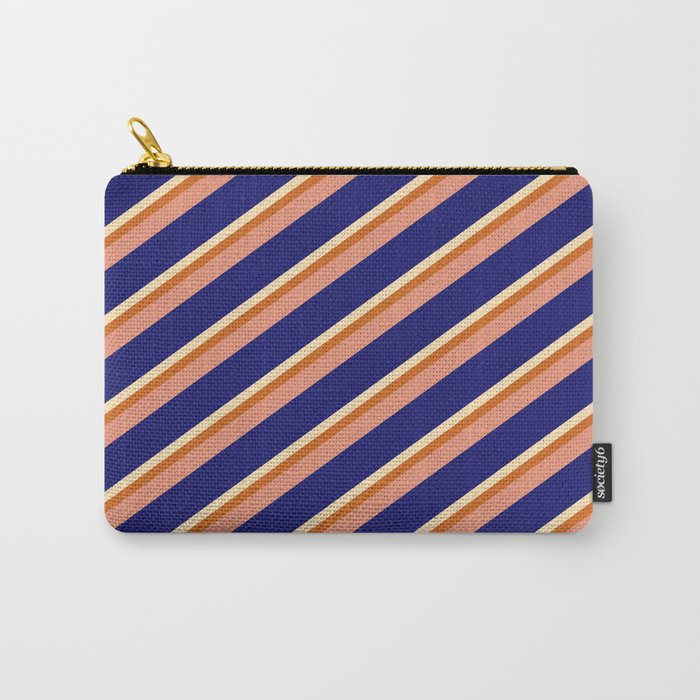 Beige, Chocolate, Dark Salmon, and Midnight Blue Colored Pattern of Stripes Carry-All Pouch