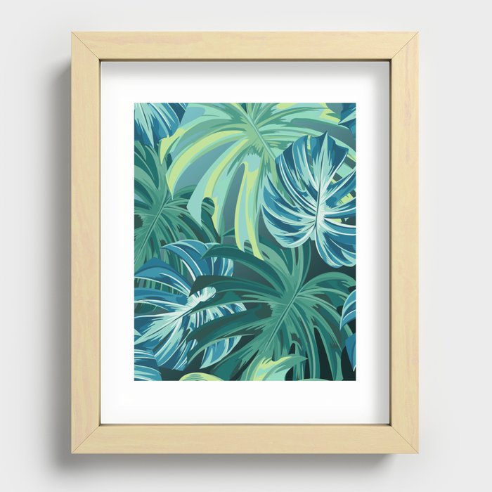 Tropical Monstera Palm Leaves on Teal Recessed Framed Print