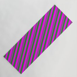 [ Thumbnail: Forest Green and Fuchsia Colored Lined/Striped Pattern Yoga Mat ]