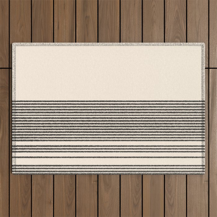 Organic Stripes - Minimalist Textured Line Pattern in Black and Almond Cream Outdoor Rug