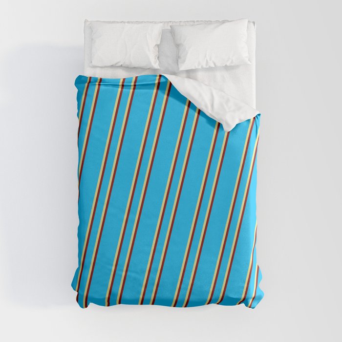 Deep Sky Blue, Tan & Maroon Colored Stripes/Lines Pattern Duvet Cover
