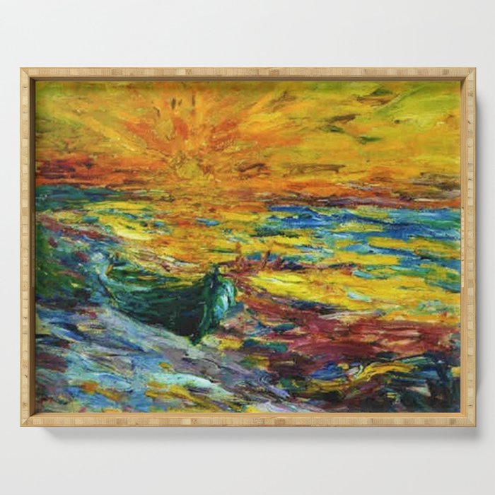 Late Summer Beach Sunset with waves and boat landscape painting by Emil Nolde Serving Tray