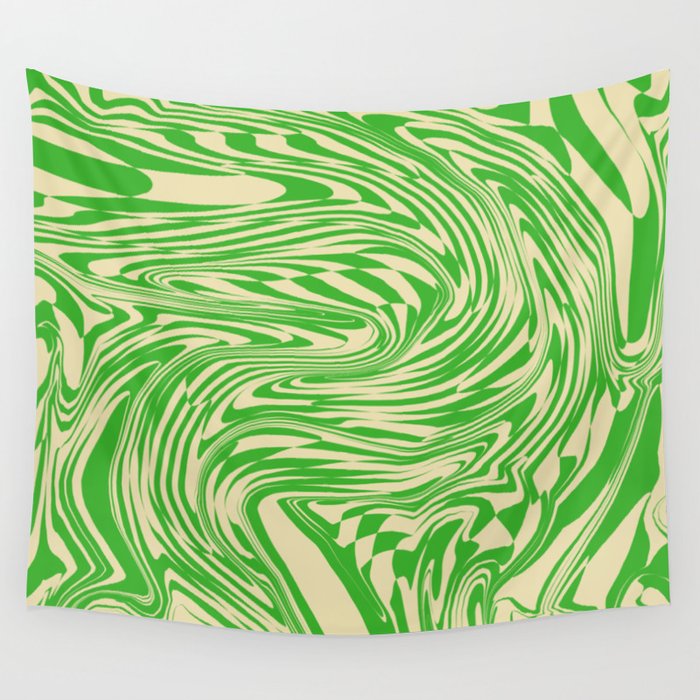 Psychedelic Warped Marble Wavy Checkerboard in Green and Cream Wall Tapestry