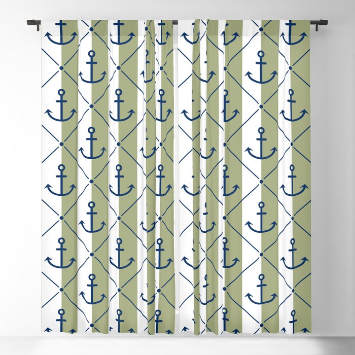 Navy Blue Anchor Pattern on White and Sage Green Blackout Curtain