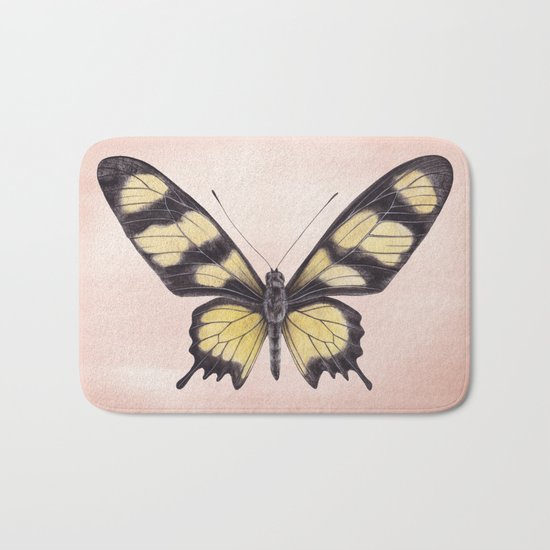 Yellow Butterfly | Swallowtail on blush pink background | Watercolour | Insect Bath Mat