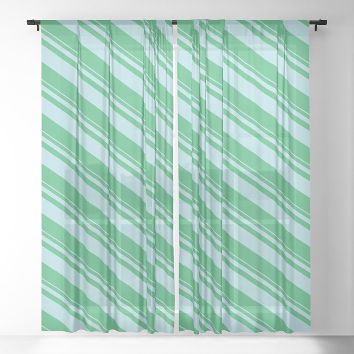 Powder Blue and Sea Green Colored Stripes Pattern Sheer Curtain